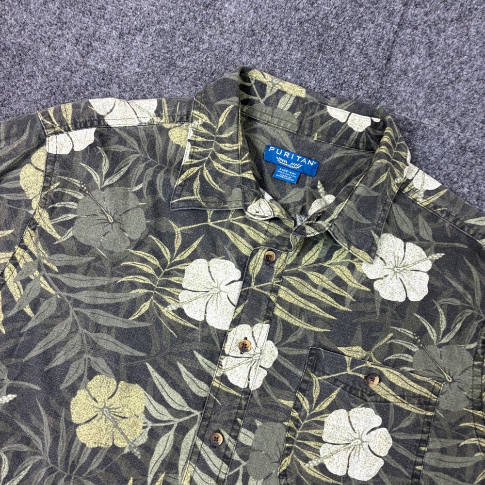 Puritan Mens Large Green Floral Hibiscus Tropical Cotton Button Down Shirt